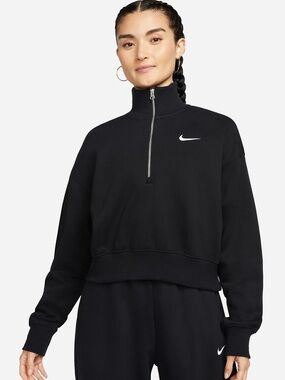 Nike Phoenix Fleece Women Black Half-Zip Pullover Cropped Sweatshirt S Athletic